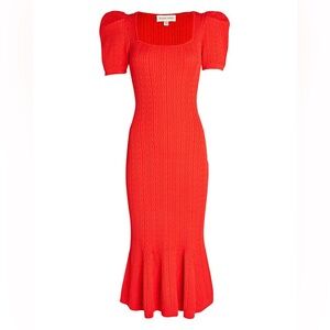 Ronny Kobo Collection Red Fitted Knit Midi Dress with Puff Sleeves